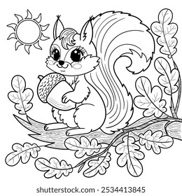 Cute cartoon squirrel on an oak branch with an acorn in its paws. Black and white line drawing. For children's design of coloring books, prints, posters, puzzles, stickers, etc. Vector