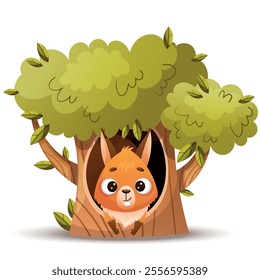 A cute cartoon squirrel peeks curiously from behind a tree with lush green leaves, sparking the imagination