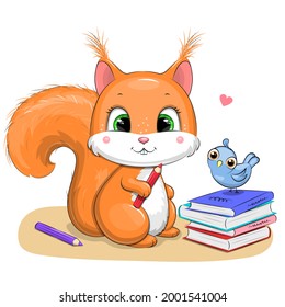 Cute cartoon squirrel with pencils, books and a bird. Vector illustration of an animal on a white background.