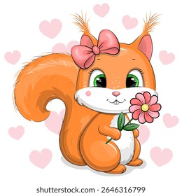 Cute Cartoon Squirrel with pink flower and hair bow. Vector Illustration with animal on white background with pink hearts.