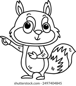 A cute cartoon squirrel pointing to something. The image is black and white. The squirrel is smiling and he is happy