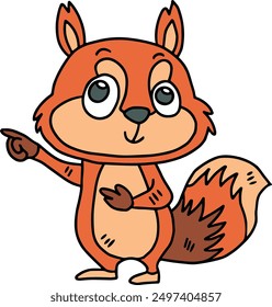 A cute cartoon squirrel pointing to something. The image is black and white. The squirrel is smiling and he is happy