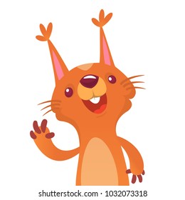 Cute cartoon squirrel presenting and waving hand. Vector illustration.
