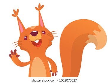 Cute cartoon squirrel presenting and waving hand. Vector illustration.