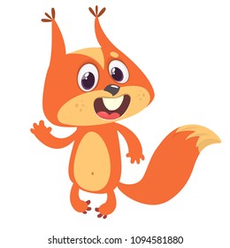 Cute cartoon squirrel presenting and waving hand. Vector illustration.