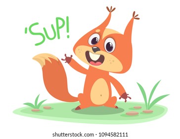 Cute cartoon squirrel presenting and waving hand. Vector illustration.