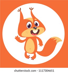 Cute cartoon squirrel presenting and waving hand. Vector illustration.