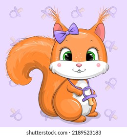 Cute cartoon squirrel with purple bow and baby dummy. Vector illustration of an animal on a purple background with pacifiers.