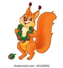 Cute cartoon squirrel puts on beads from nuts.  Isolated on a white background . Vector Illustration. 