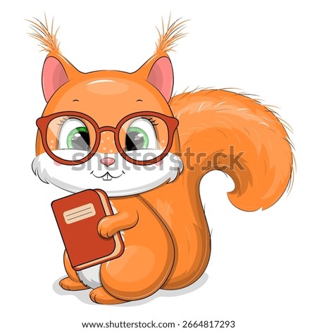 Cute Cartoon Squirrel with Red Glasses and Book. Back to School Vector Illustration with animal on a white background.