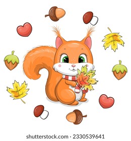 Cute cartoon squirrel with red scarf, fallen leaves in autumn frame. Vector illustration of an animals with acorns, nuts, mushrooms, hearts and leaves on a white background.