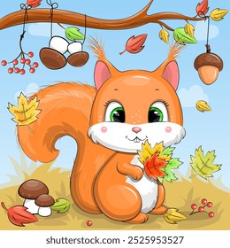 Cute cartoon squirrel in red scarf. Autumn vector illustration on a blue background with clouds.
