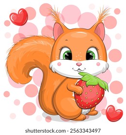 Cute cartoon squirrel with red strawberry. Vector illustration of animal on red background with two hearts.