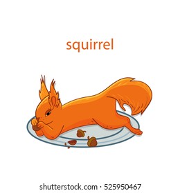 Cute cartoon squirrel running with an acorn. Vector clip art illustration with simple gradients. Acorn, squirrel and arm on separate layers for easy editing.