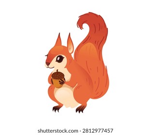 Cute cartoon squirrel running fast. Red fluffy animal in motion with closed eyes and long tail. Flat design element for nature themes. Vector illustration isolated on white background.