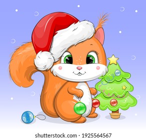 Cute cartoon squirrel in Santa Claus hat decorates the Christmas tree. Holiday vector illustration on a blue background.