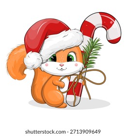 Cute cartoon Squirrel with Santa's hat and Christmas candy cane. New year vector illustration of animal and sweet food on white background.