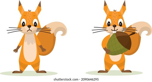 Cute cartoon squirrel set Holding Acorn. Funny little brown squirrel collection. Emotion little animal. Cartoon animal character design. Flat vector illustration isolated on white background.