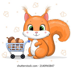 Cute cartoon squirrel with a shopping cart full of acorns. Vector illustration of an animal on a grocery shopping.