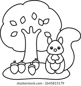 A cute cartoon squirrel sits by a tree with acorns on the ground. This charming illustration is perfect for children's books and coloring pages, isolated on white background.