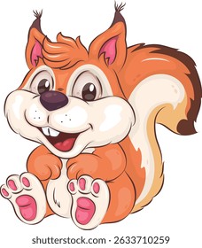 A cute cartoon squirrel sits and smiles sweetly. Positive and unique design. Children's illustration. 