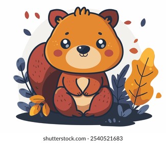 Cute cartoon squirrel is sitting in a field of leaves. The squirrel has a big smile on its face and he is enjoying the autumn season