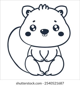 Cute cartoon squirrel is sitting on a white background. The squirrel has a big smile on its face and its eyes are closed