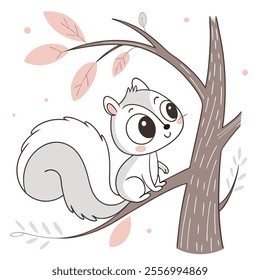 A cute cartoon squirrel sitting on a tree branch with leaves.