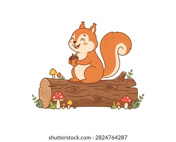 Cute Cartoon Squirrel Sitting on a Wooden Log Holding an Acorn with Mushrooms