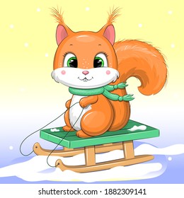 Cute cartoon squirrel in sleigh. Winter vector illustration of animal.