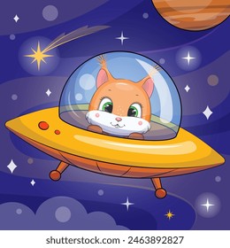 Cute cartoon squirrel in a spaceship. Vector illustration of an animal in space on a blue background with stars and a planet.