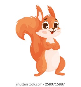 A cute cartoon squirrel standing with a confident pose, featuring a bushy tail, big eyes, and a cheerful expression. Cheerful Cartoon Squirrel with Big Eyes