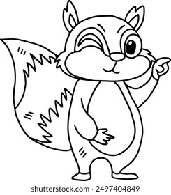 A cute cartoon squirrel is standing with its paw raised, looking at the camera. The image has a playful and lighthearted mood, as the squirrel appears to be making a silly gesture