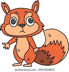 A cute cartoon squirrel is standing with its paw raised, looking at the camera. The image has a playful and lighthearted mood, as the squirrel appears to be making a silly gesture