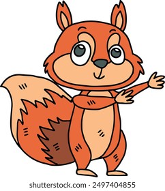 A cute cartoon squirrel is standing with its paw raised, looking at the camera. The image has a playful and lighthearted mood, as the squirrel appears to be making a silly gesture