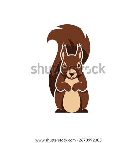 A cute cartoon squirrel standing upright with its paws together, bushy tail prominent, brown color scheme.