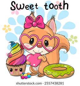 Cute Cartoon Squirrel Sweet tooth with Cupcake and lollipop