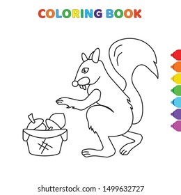 cute cartoon squirrel takes nuts from basket coloring book for kids. black and white vector illustration for coloring book. squirrel takes nuts from basket concept hand drawn illustration