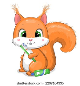 A cute cartoon squirrel with toothpaste and a toothbrush is brushing the teeth. Vector illustration of an animal on a white background.