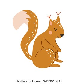 Dibujo vectorial de ardilla de dibujos animados en estilo plano. Hermoso animal forestal. Para afiches, tarjetas de felicitación y diseño para niños. Fondo blanco aislado. Dibujado a mano. 