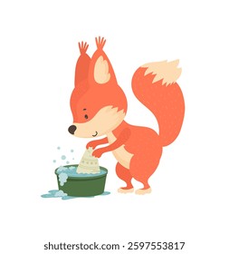 Cute cartoon squirrel washing clothes in a green basin with bubbles, isolated on white background.