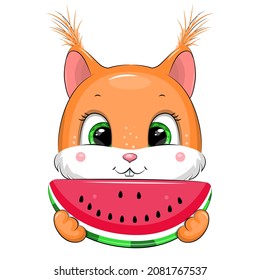 Cute cartoon squirrel with watermelon. Vector illustration of an animal on a white background.