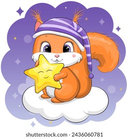 Cute cartoon squirrel wearing a nightcap is holding a yellow star and sitting on a cloud. Night vector illustration on a dark purple background.