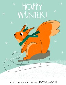 Cute cartoon squirrel. Winter holidays vector animal. Funny squirrel in a scarf and cap riding on a sled. Vector illustration for greeting card. 