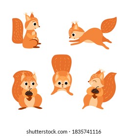 Cute cartoon squirrels set. Funny woodland character isolated on white background. Vector illustration.