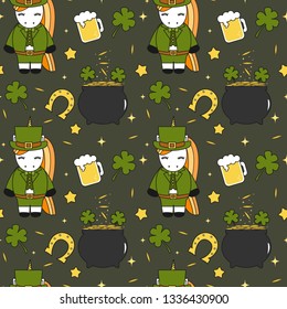 cute cartoon St Patrick's Day seamless vector pattern background illustration with unicorn leprechaun, shamrocks, stars, horseshoe and pot of gold