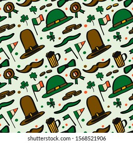 Cute cartoon St Patrick's Day seamless pattern isolated on pastel green background with hats, mustache,medals,clover,ireland flag,beer mugs,male butterfly.Vector stock illustration.Festive background.
