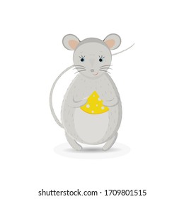 Cute cartoon standing mouse holding a piece of cheese. Vector hand drawn illustration.