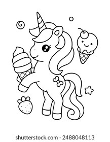 Cute cartoon standing unicorn with ice cream coloring page vector illustration