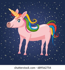 Cute cartoon standing unicorn, isolated on white vector illustration